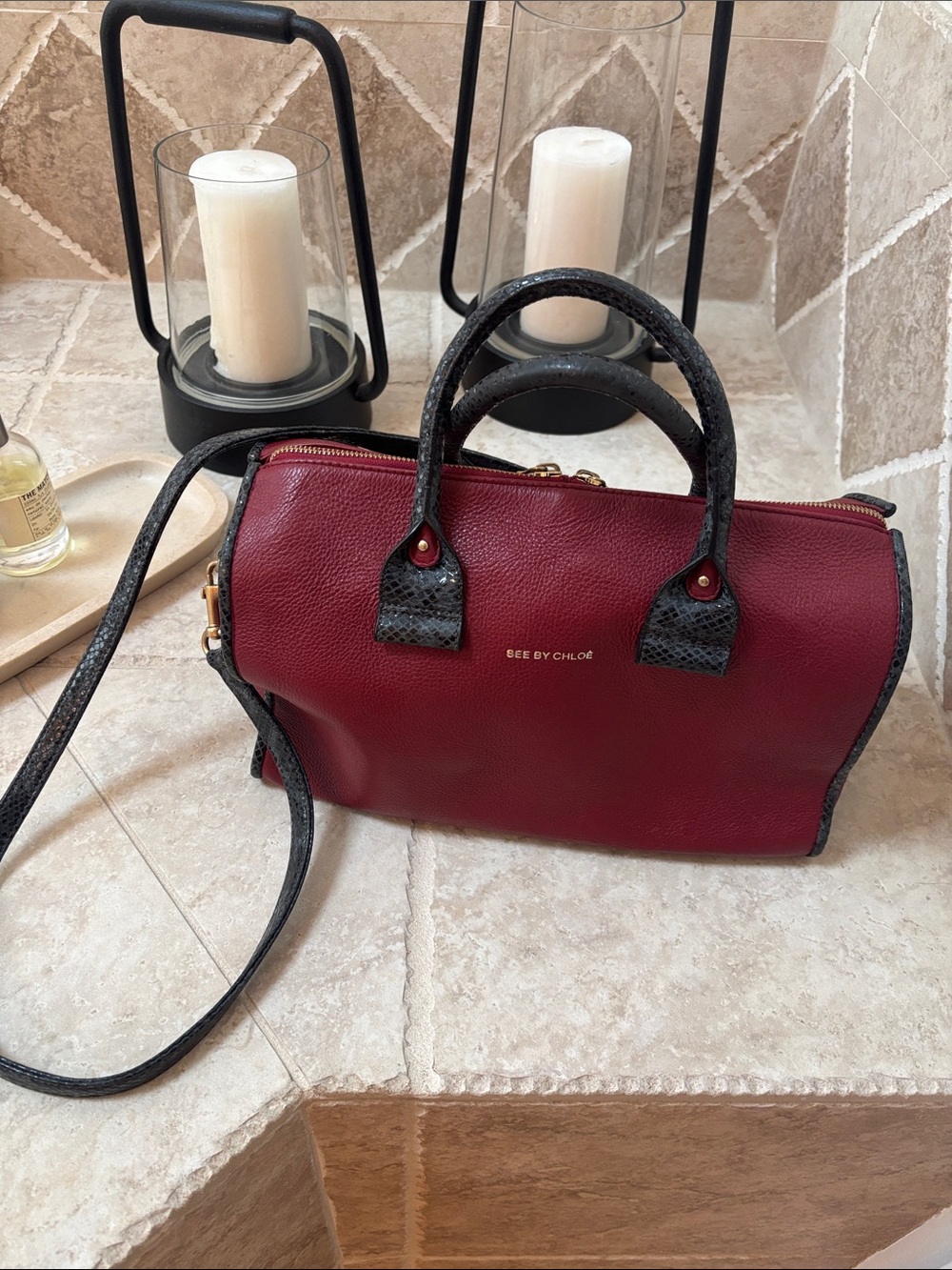 See By Chloe Wine Red Leather Shoulder Bag with Black Trim